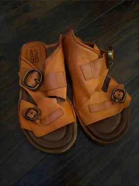 A.S.98 Orange Leather Buckle Slide Sandals